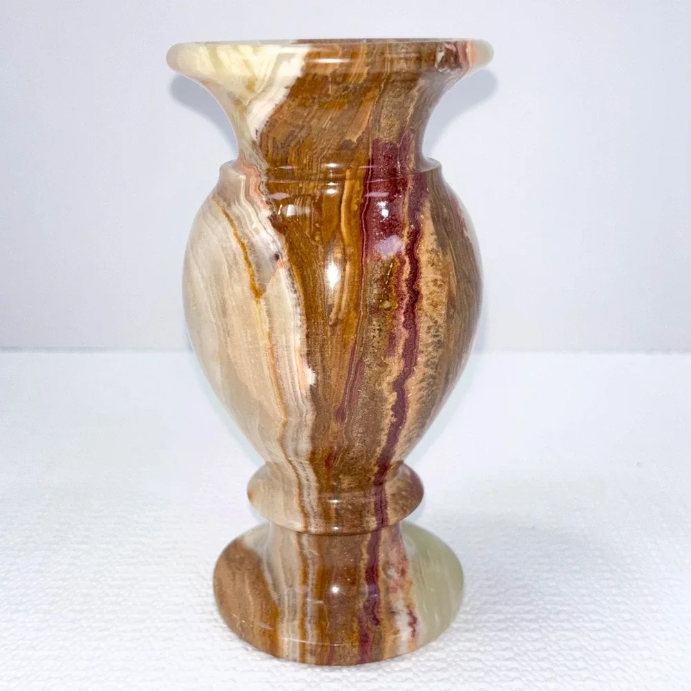 Vintage Onyx Marble Bud Vase Brown Cream Banded Polished Stone Urn 6 Inch